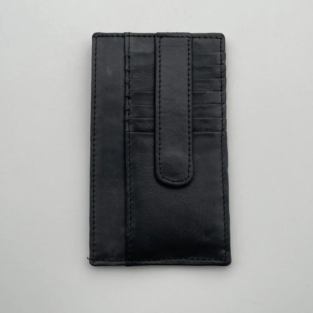 Long Card Holder Billfold Black Genuine Leather Wallet Handmade Coin Purse
